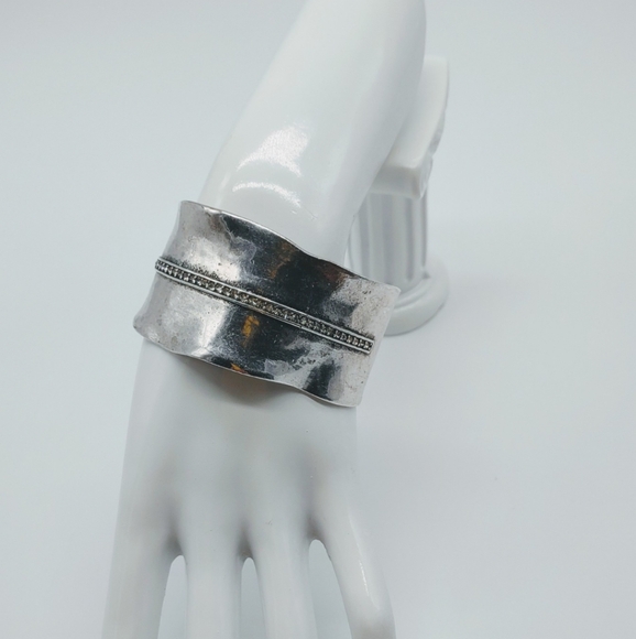 Silver Tone Wide Distressed Modernist Crystal Cuff Bracelet - Picture 5 of 12